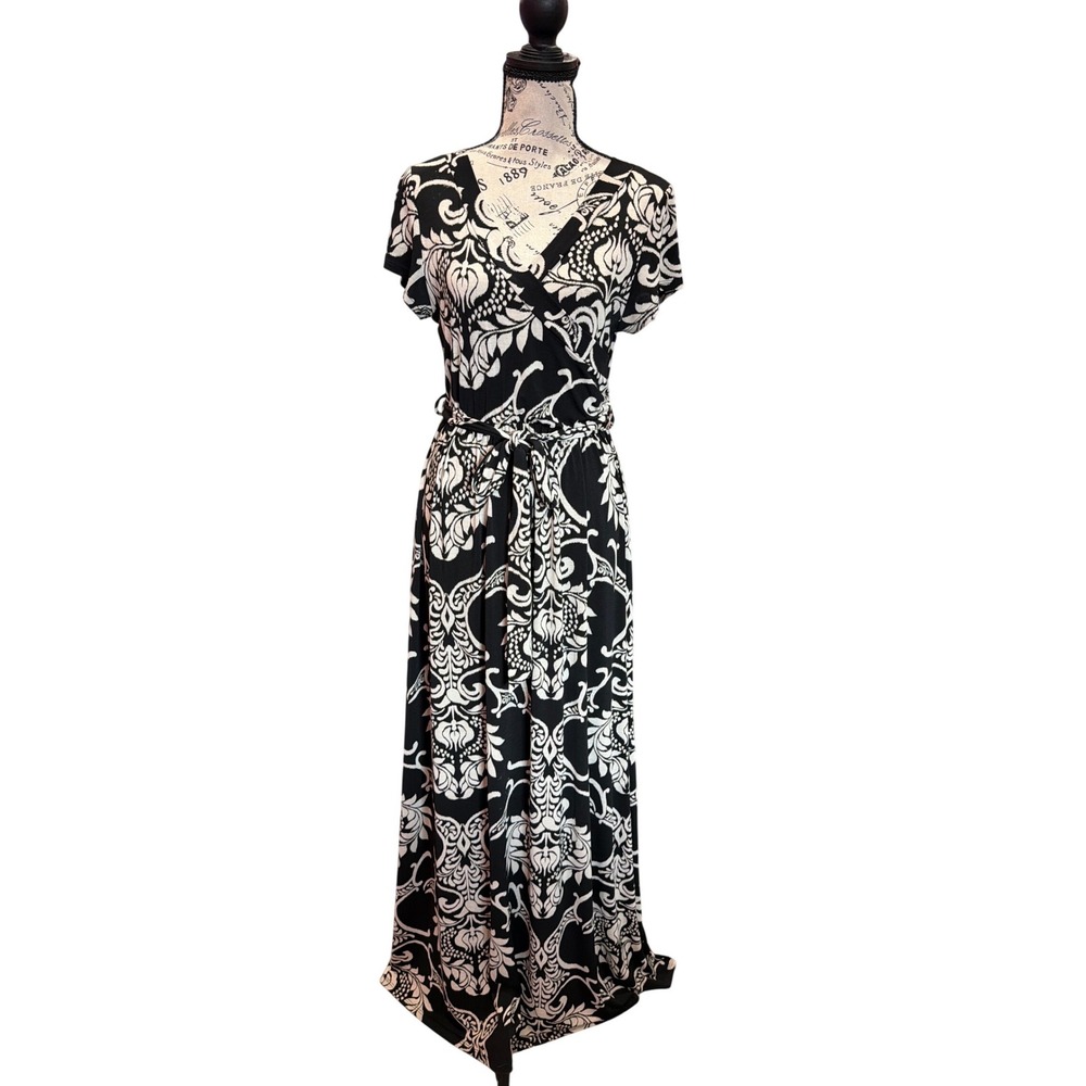 Emerald Black‎ White Damask Scroll Faux Wrap Maxi Dress ETD-508 Medium